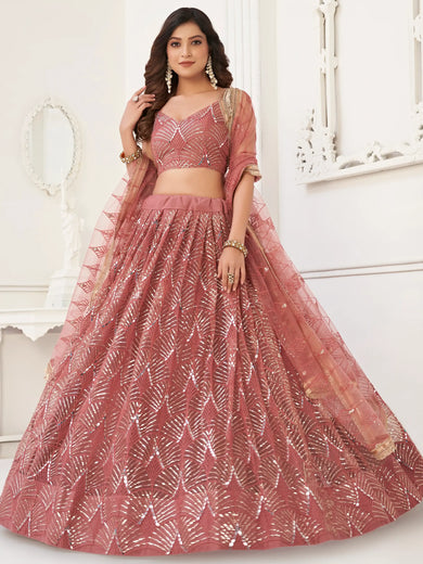 Stunning Dusty Pink Thread Work Net Wedding Wear Lehenga Choli